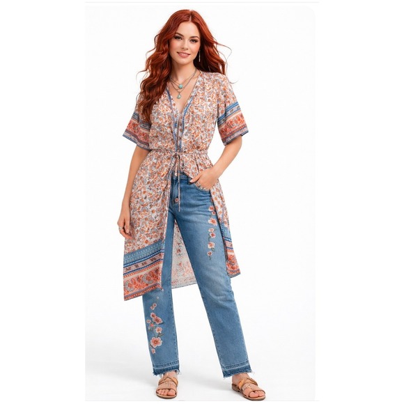 Nicole Miller Denim - Nicole Miller Soho High Rise Skinny Jeans Floral Embroidered Raw Hem Duster Set